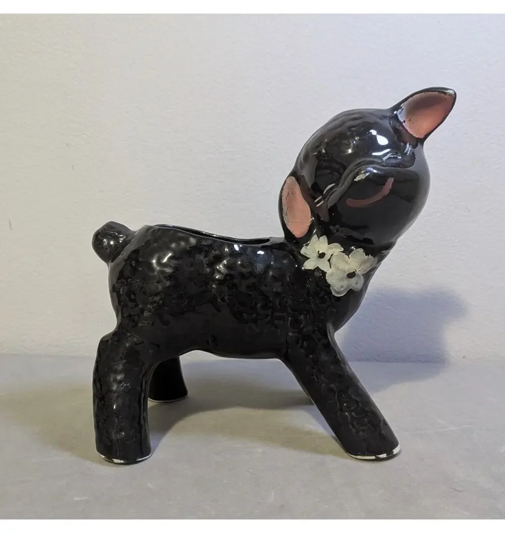 Vintage 1950s Black Lamb Ceramic Planter Kitsch Sheep Pot - AS IS / Worn